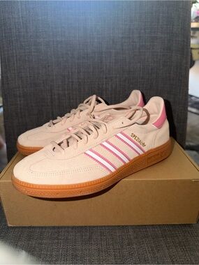 Women’s adidas Spezial Suede Sneakers Light Pink with Pink Stripes and Gum Sole